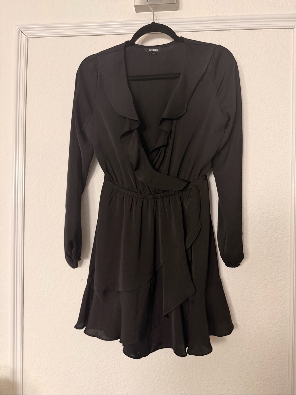Express Black Ruffle Wrap Long Sleeve Dress with Tie Detail